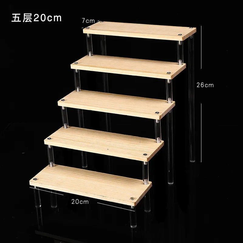 Solid Wooden Ladder Display Rack with Acrylic Pillars, Blind Box, Toy, Perfume, Jewelry Display Stand, Storage Shelf, 1-5 Tiers