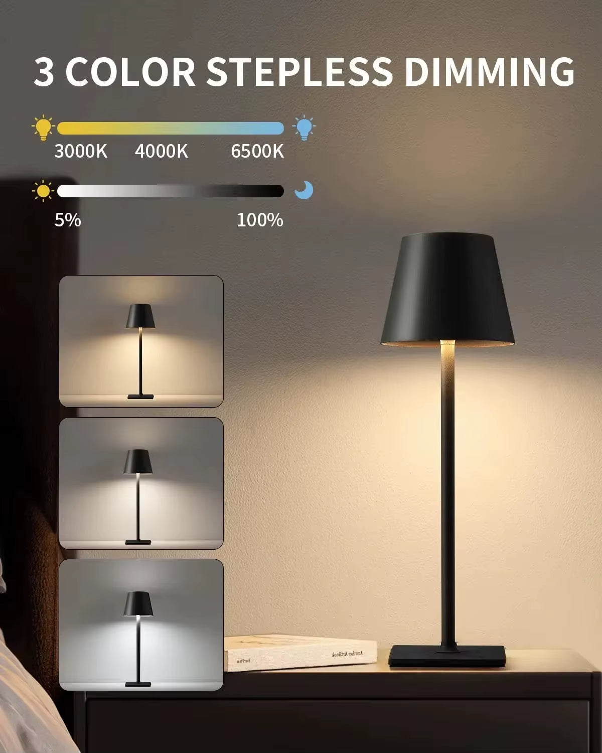 3 Color Temperature LED Eye Protection Table Lamp Stepless Dimming Touch Control Rechargeable Batter for Living Room Dining Room