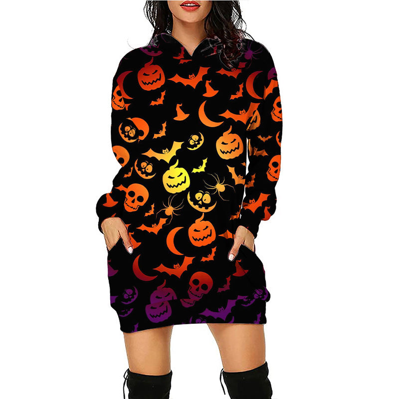 Carina Women Halloween Pumpkin Print Hoodie Dress