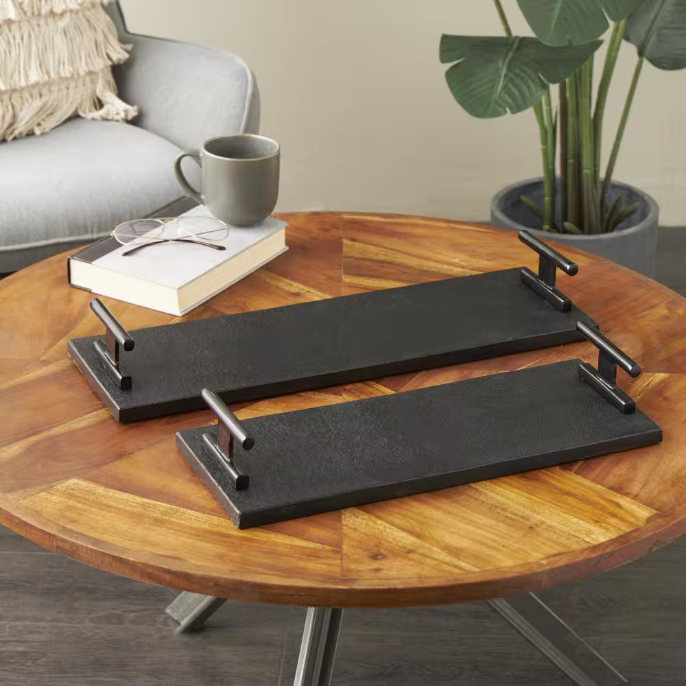 Black Marble Slim Textured Decorative Tray with Rod Handles (Set of 2)