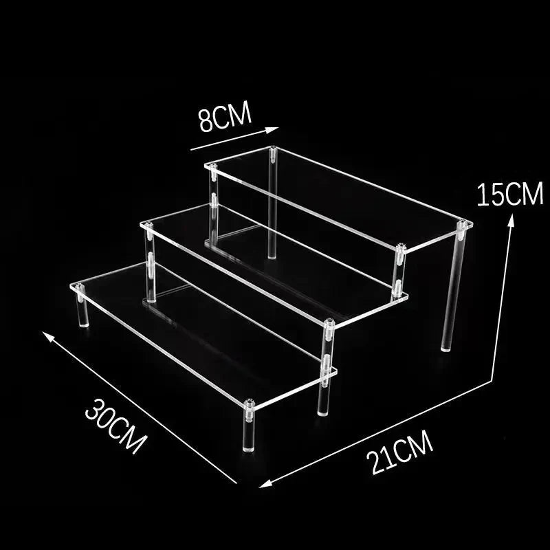 1-5 Tier Acrylic and Solid Wood Panel with Clear Acrylic Column Display Stand for Perfume, Cosmetic, Car Modle, Toy Storage Rack