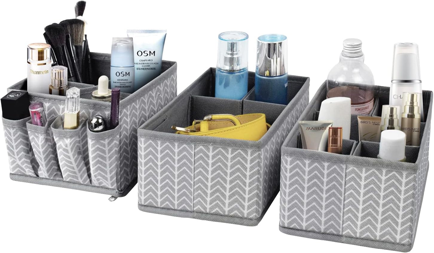 Cosmetic Storage Bins Makeup Organizer, Adjustable Multifunction Storage Box Desk Drawer Divider for Makeup Brushes, Bathroom Countertop or Dresser, Set of 3 (Grey)
