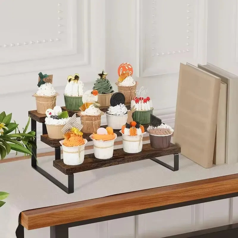 3 Tier Wooden Display Riser Cupcake Stand Perfume Makeup Mini Figure Holder Kitchen Countertop Spice Rack Organizer Shelf