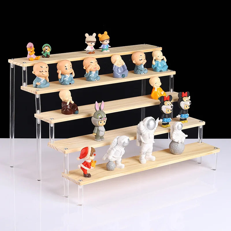 Solid Wooden Ladder Display Rack with Acrylic Pillars, Blind Box, Toy, Perfume, Jewelry Display Stand, Storage Shelf, 1-5 Tiers