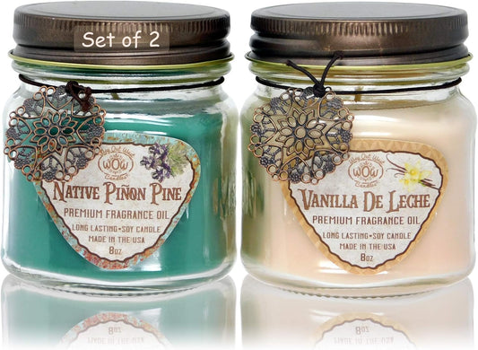 Way Out West Scented Candles in Piñon Pine & Vanilla De Leche - Gift Ready, Boxed Set of 2 Jar Candles - Fragrant, Long Lasting Soy Wax Blend - Delightful Soothing Fragrances for a Warm, Cozy Home