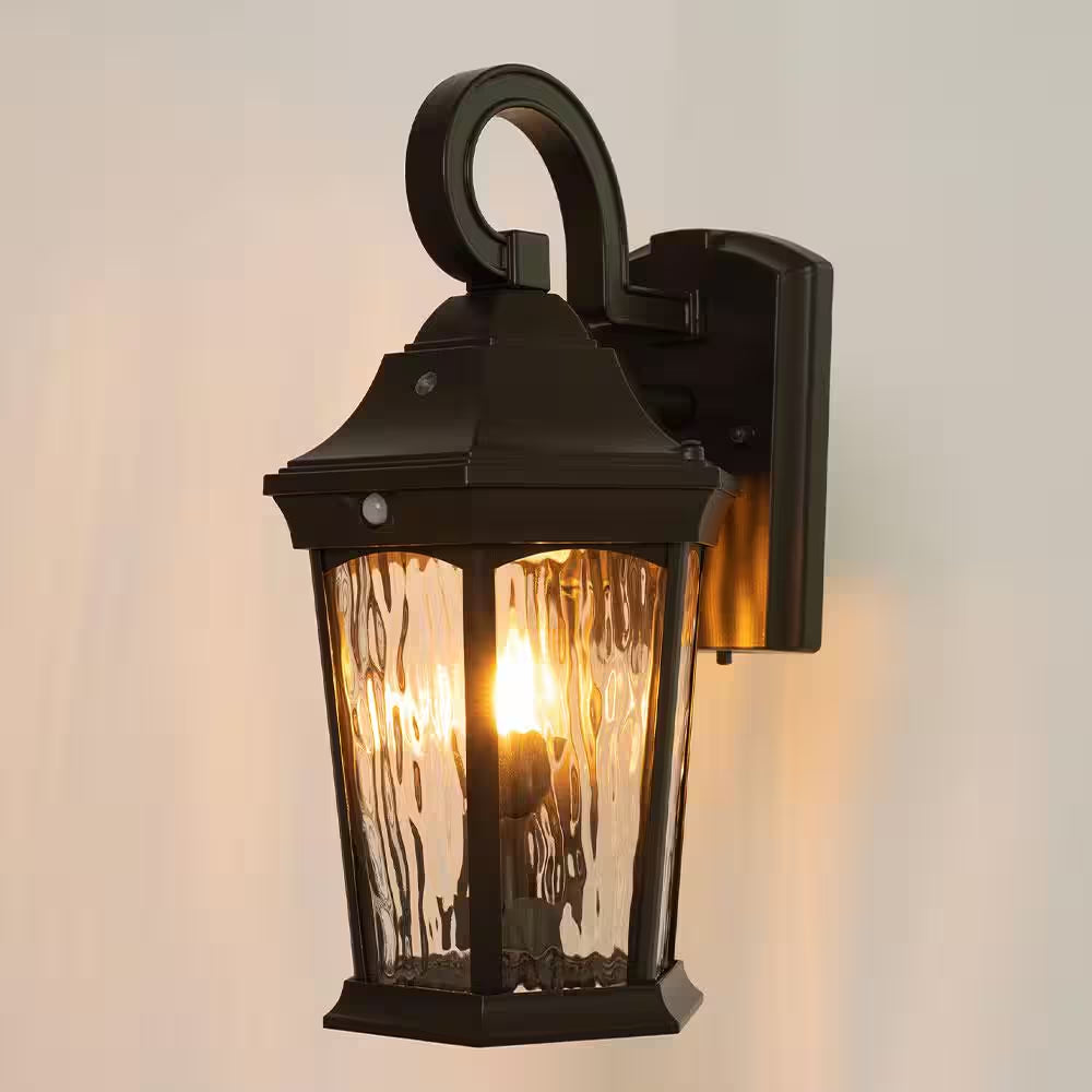 15.9 In. Bronze Integrated LED Outdoor Wall Light Lantern Sconce with Flickering Bulb, Motion Sensor, and Photocell