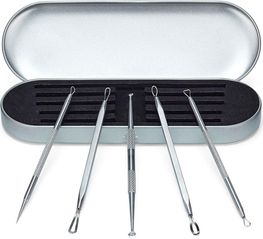 Ultimate Blackhead Removal Skincare Tools Set, Vidal Loops, Uno Spoon, 5 in 1, Metal Storage Case