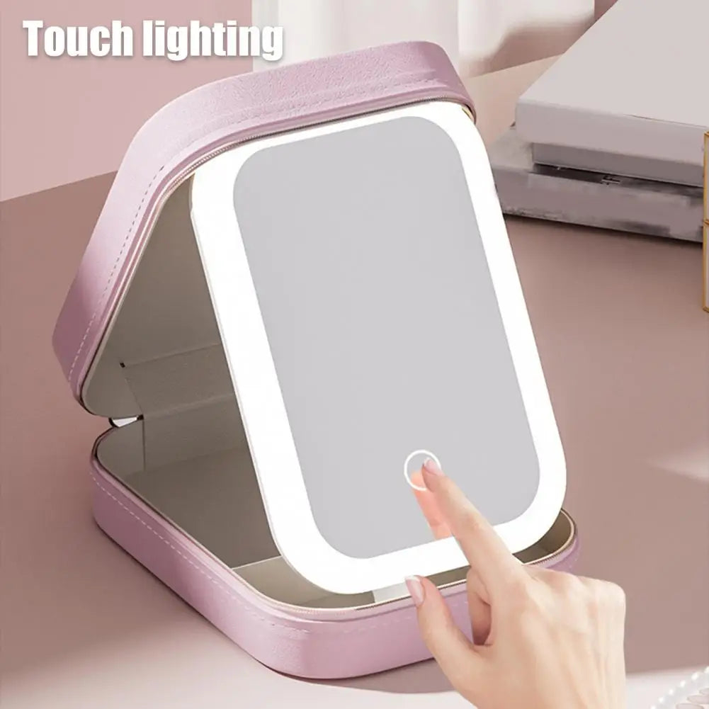 Travel Makeup Bag with LED Mirror USB Rechargeable 3 Colors Adjustable Lighted Vanity Mirror Cosmetic Case Jewelry Organizer Box