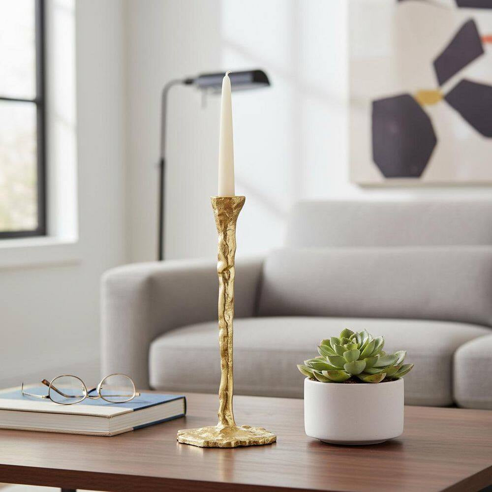 15 In. Gold Metal Aluminum Forged Taper Candle Holder with Textured Decorative Base