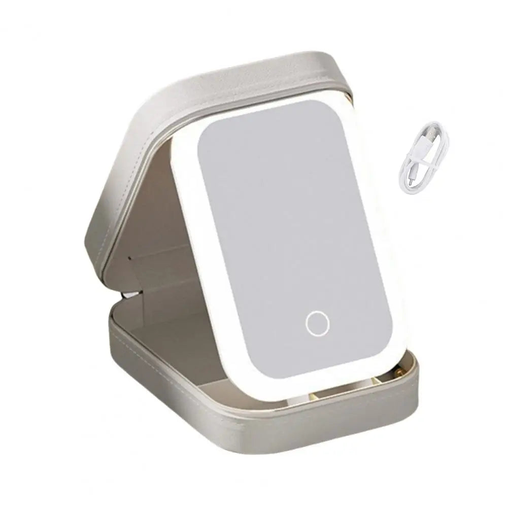Travel Makeup Bag with LED Mirror USB Rechargeable 3 Colors Adjustable Lighted Vanity Mirror Cosmetic Case Jewelry Organizer Box