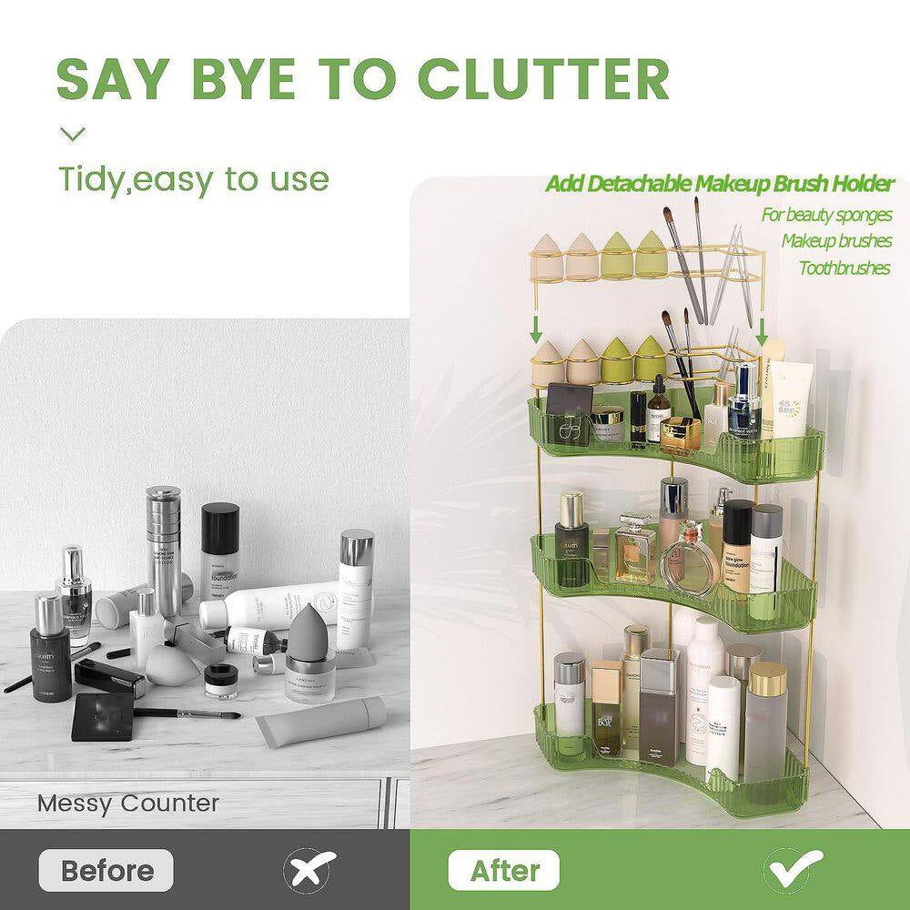3-Tier Corner Countertop Vanity Organizer with Brush Holder in Green for Bathroom Dresser and Vanity Cosmetic Storage