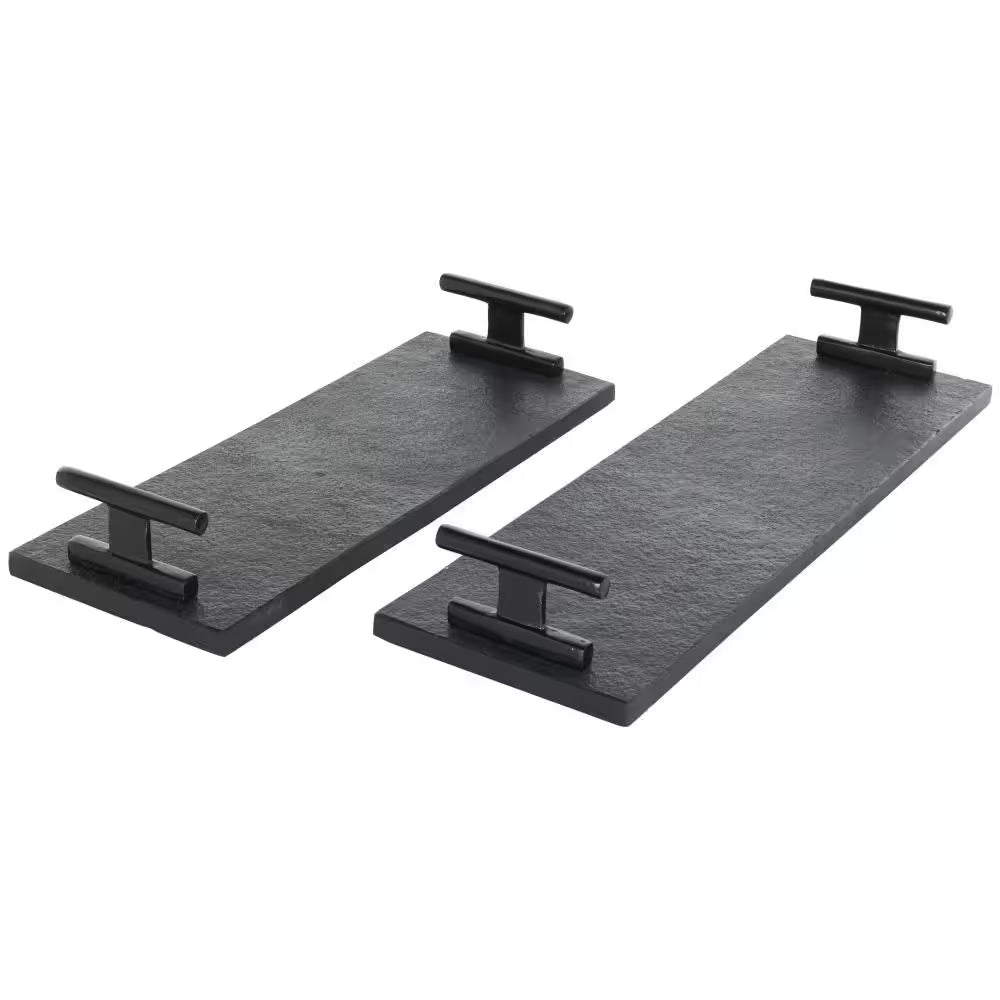 Black Marble Slim Textured Decorative Tray with Rod Handles (Set of 2)