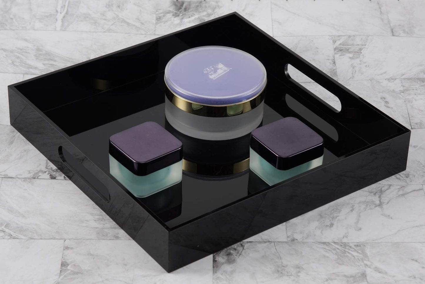 Glossy Black Sturdy Acrylic Serving Tray with Handles - 12X12 Inch Multipurpose Tray for Coffee, Appetizers, Breakfast, and More