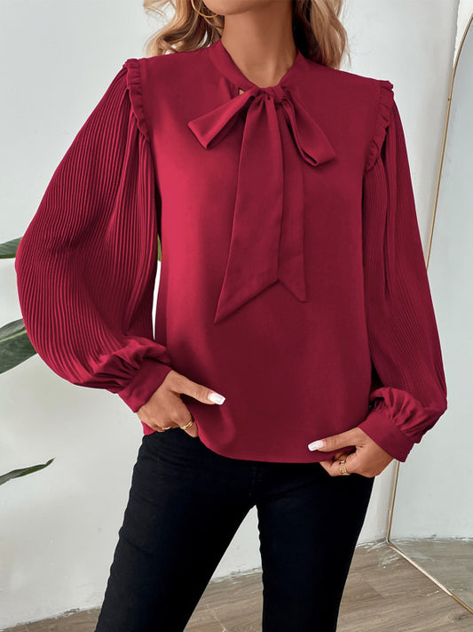 Fallon Pleated Long Sleeve Bow Tie Neck Burgundy Women's Blouse