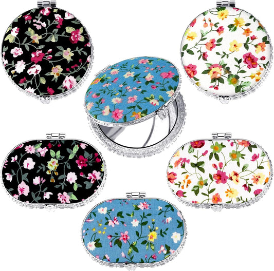 6 Pieces Floral Pocket Mirrors Retro Handbag Mirrors Vintage Makeup Compact Mirrors Flowers Folding Mirrors Compact Portable Mirrors for Women Girls Beauty Accessories (Round, Oval)