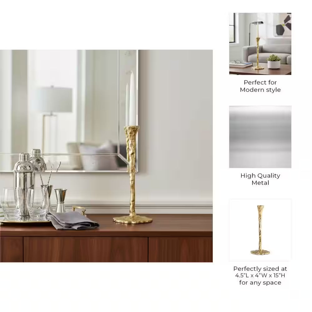 15 In. Gold Metal Aluminum Forged Taper Candle Holder with Textured Decorative Base
