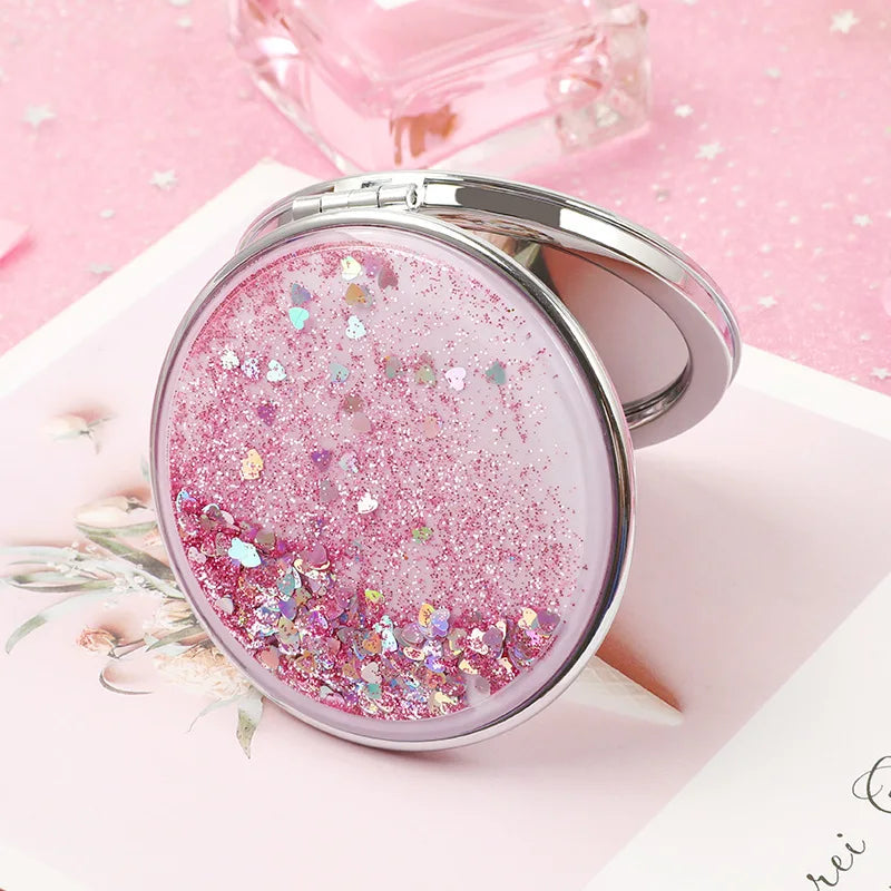 Portable Double-Sided Folding Cosmetic Mirror Female Gifts with Flowing Sparkling Sand Mini Makeup Mirror Compact Pocket Mirrors
