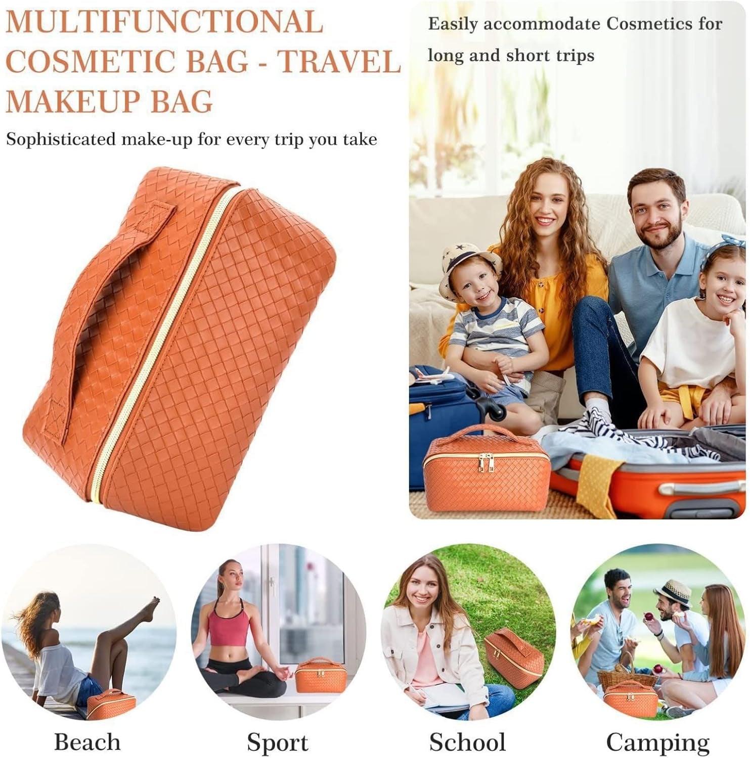Large Capacity Travel Cosmetic Bag-Pu Leather Travel Makeup Bag with Compartments,Waterproof Cosmetic Bags for Women Make up Organizers and Storage Travel (Vitality Orange)