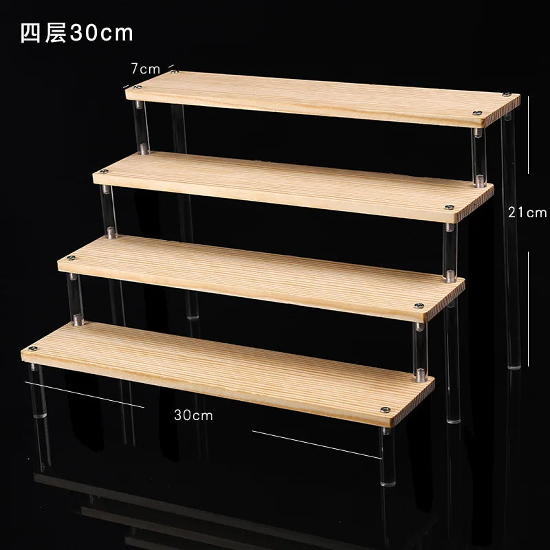 Solid Wooden Ladder Display Rack with Acrylic Pillars, Blind Box, Toy, Perfume, Jewelry Display Stand, Storage Shelf, 1-5 Tiers