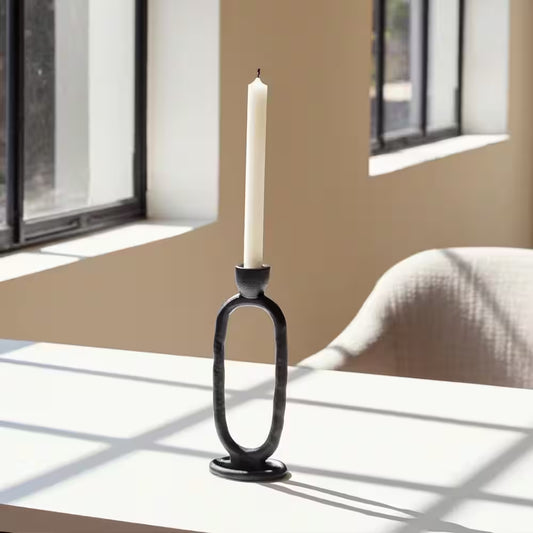 8 In. Black Metal Open Oval Ring Taper Candle Holder