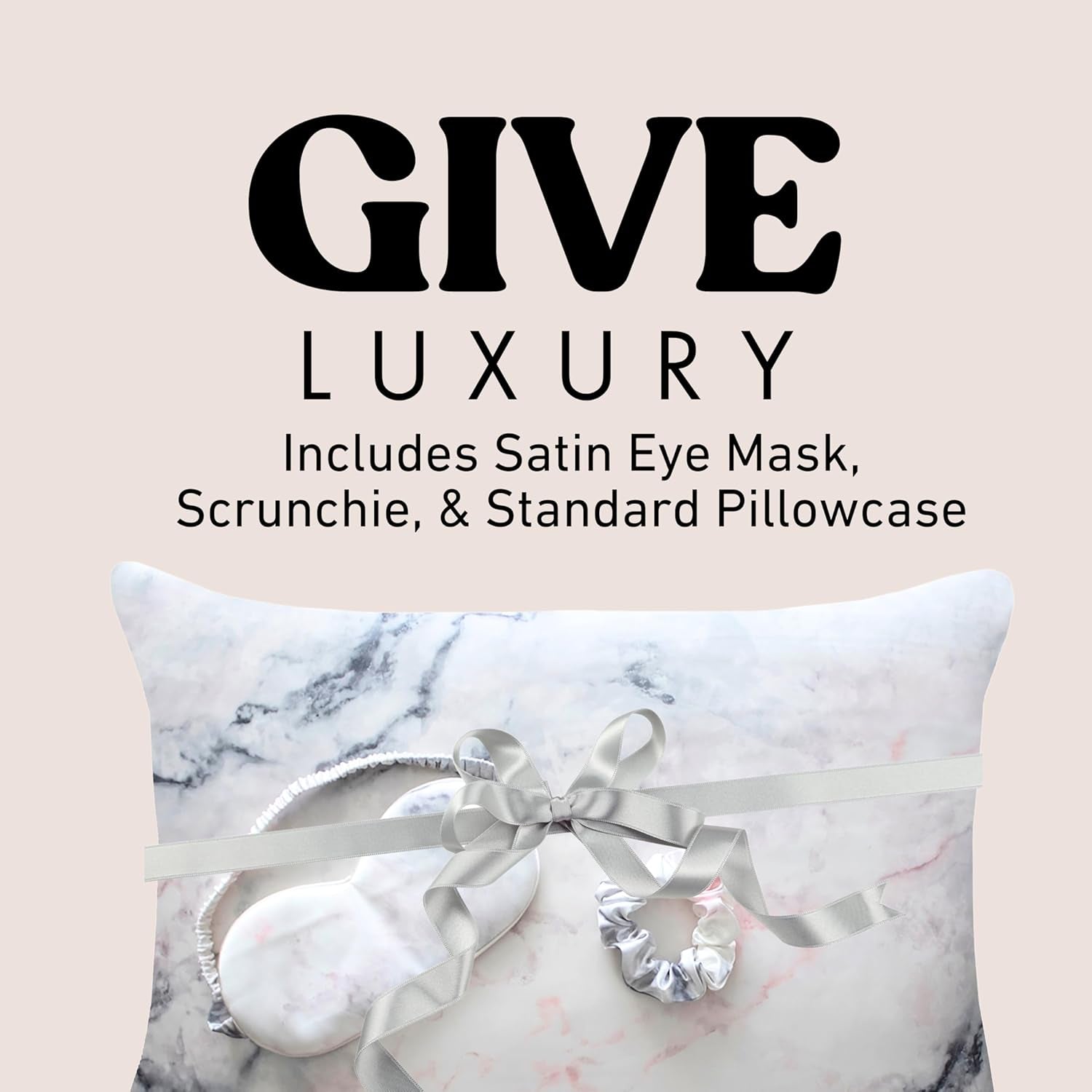 Satin Pillowcase Gift Set for Women – Grey Ivory, Silky Soft, Reduces Frizz | Includes Satin Eye Mask & Scrunchie | for Curly Hair, Sensitive Skin | Gift for Mom, Daughter, Girlfriend