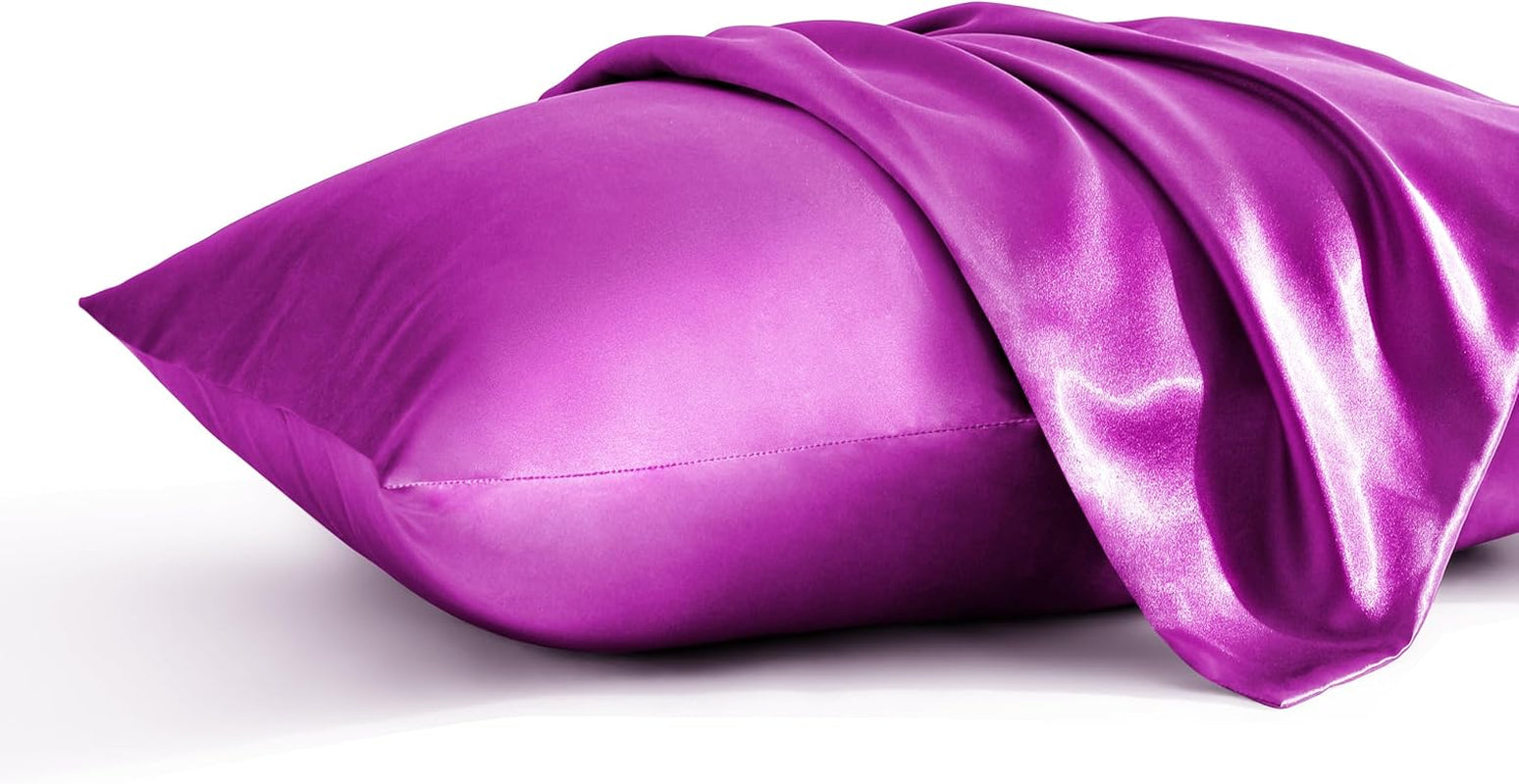 2 Pack Queen Silk Satin Pillowcases for Hair and Skin, Silky Soft and Luxurious Bedding Pillow Cases with Envelope Closure, 20X30 Inches, Purple