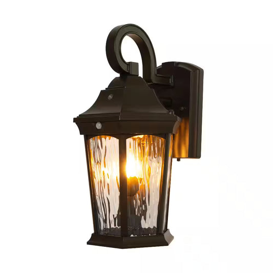 15.9 In. Bronze Integrated LED Outdoor Wall Light Lantern Sconce with Flickering Bulb, Motion Sensor, and Photocell