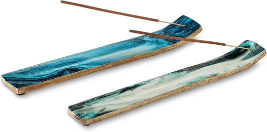 Set of 2 Incense Holder or Incense Burner for Insence Sticks, Insence Burner Holder for Home Decor or Ash Catcher, Inscent Tray or Insense Stick Holders, Mango Wood, Blue and Green Agate