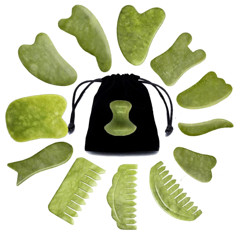 Natural Gua Sha Jade Stone for Face Guasha Massage Tools Body Acupuncture Stick Beauty Gouache Scraper with Black Velvet Bag