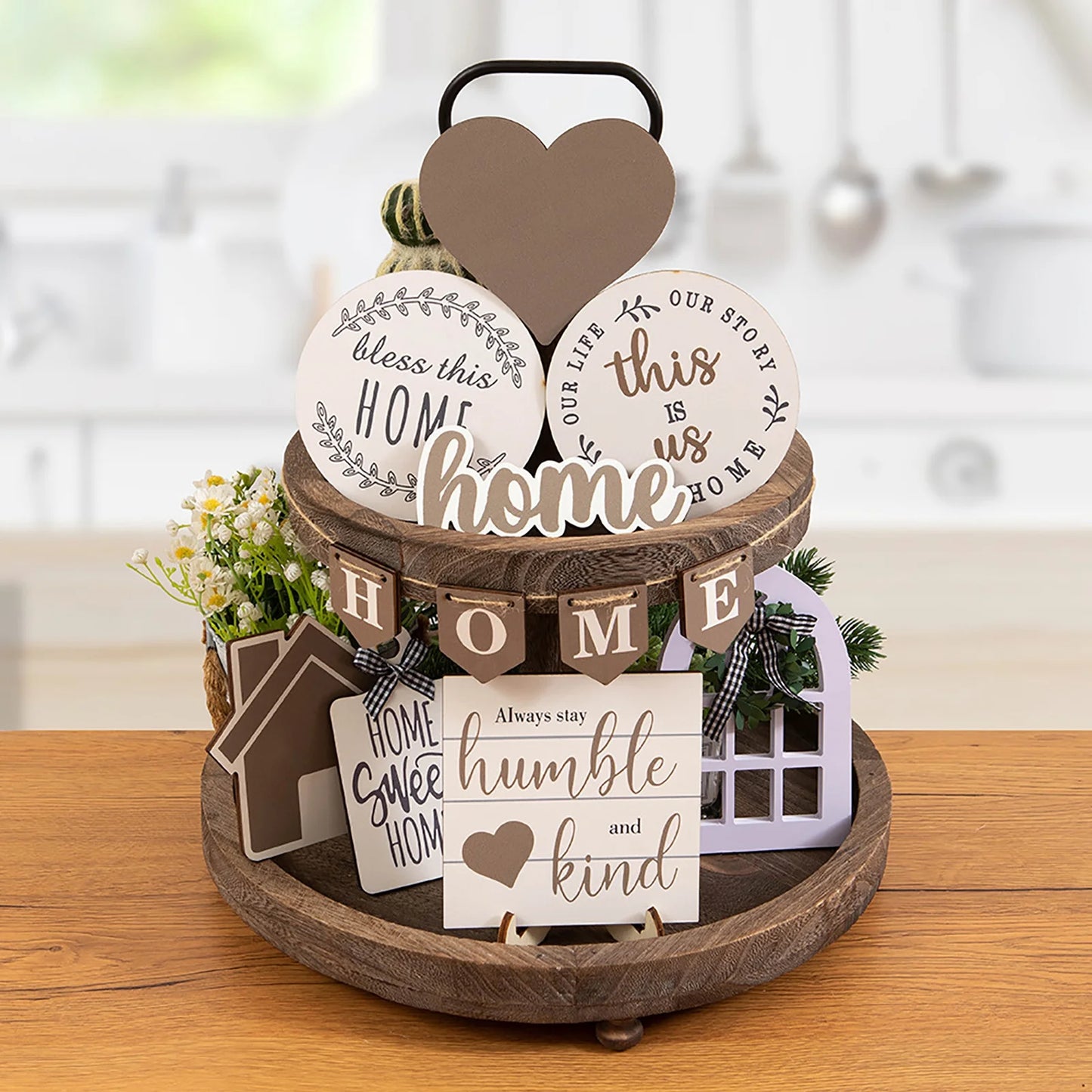 12PCS Farmhouse Tiered Tray Decor Set Sweet Home Tiered Tray Decorations Home Rustic Wooden Signs Decorative Farmhouse Kitchen Table Decor for Dining Room Country Summer Shelf Centerpiece Gift