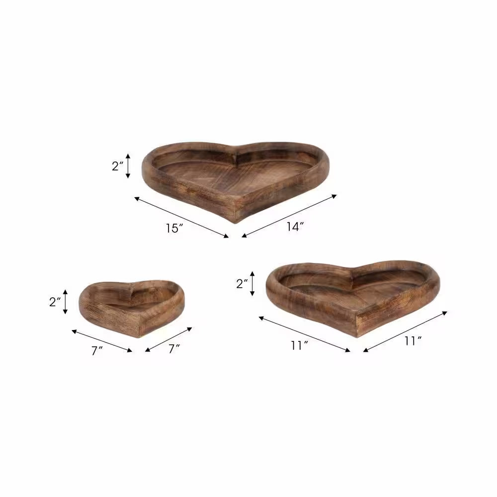 Dark Brown 7/11/14 In. Wood Heart-Shaped Decorative Trays (Set of 3)