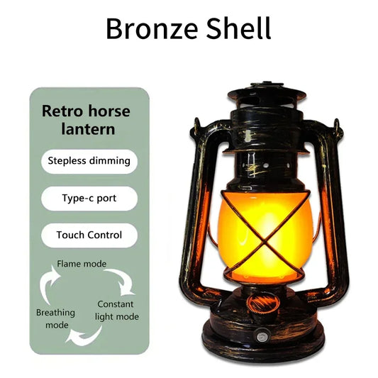 Vintage Lantern Portable Camping Light with Flame Effect USB-C Rechargeable 1200Mah Battery for Bar Restaurant Decoration