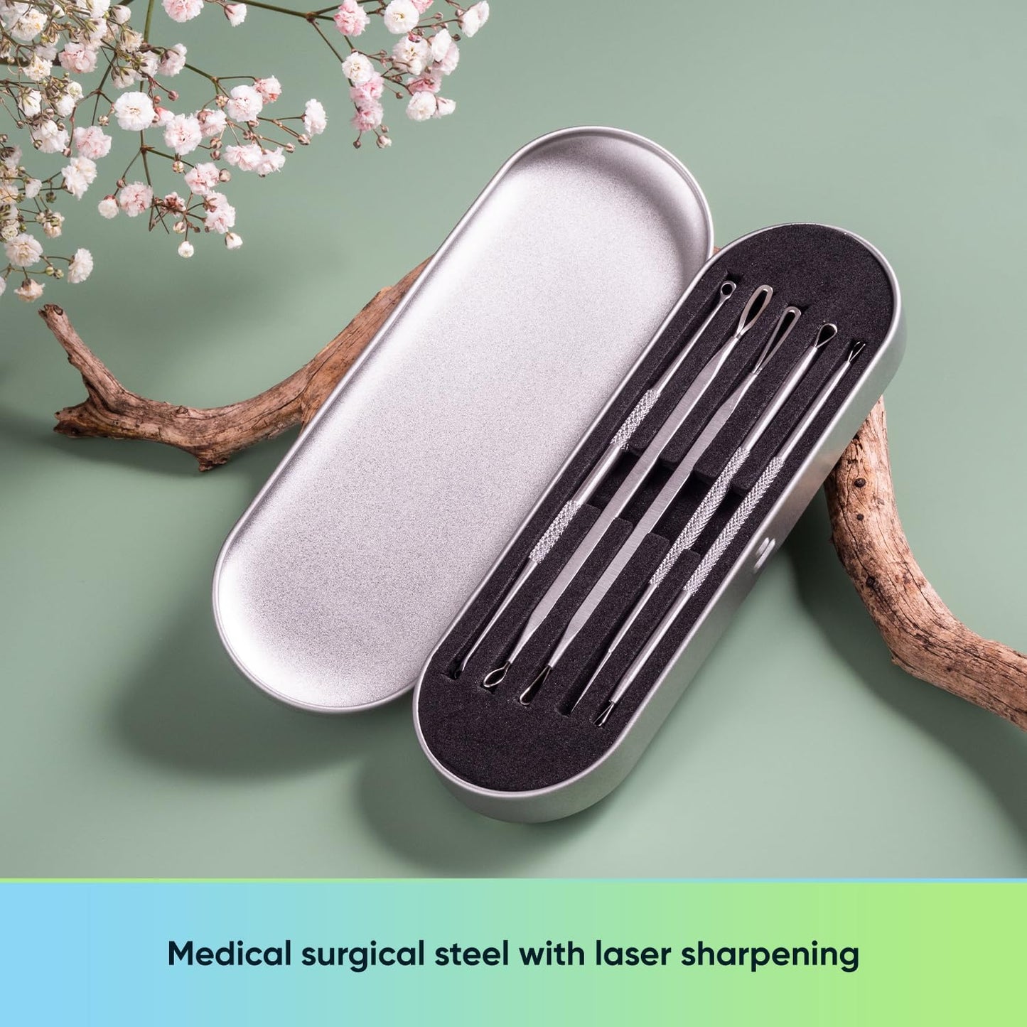 Ultimate Blackhead Removal Skincare Tools Set, Vidal Loops, Uno Spoon, 5 in 1, Metal Storage Case