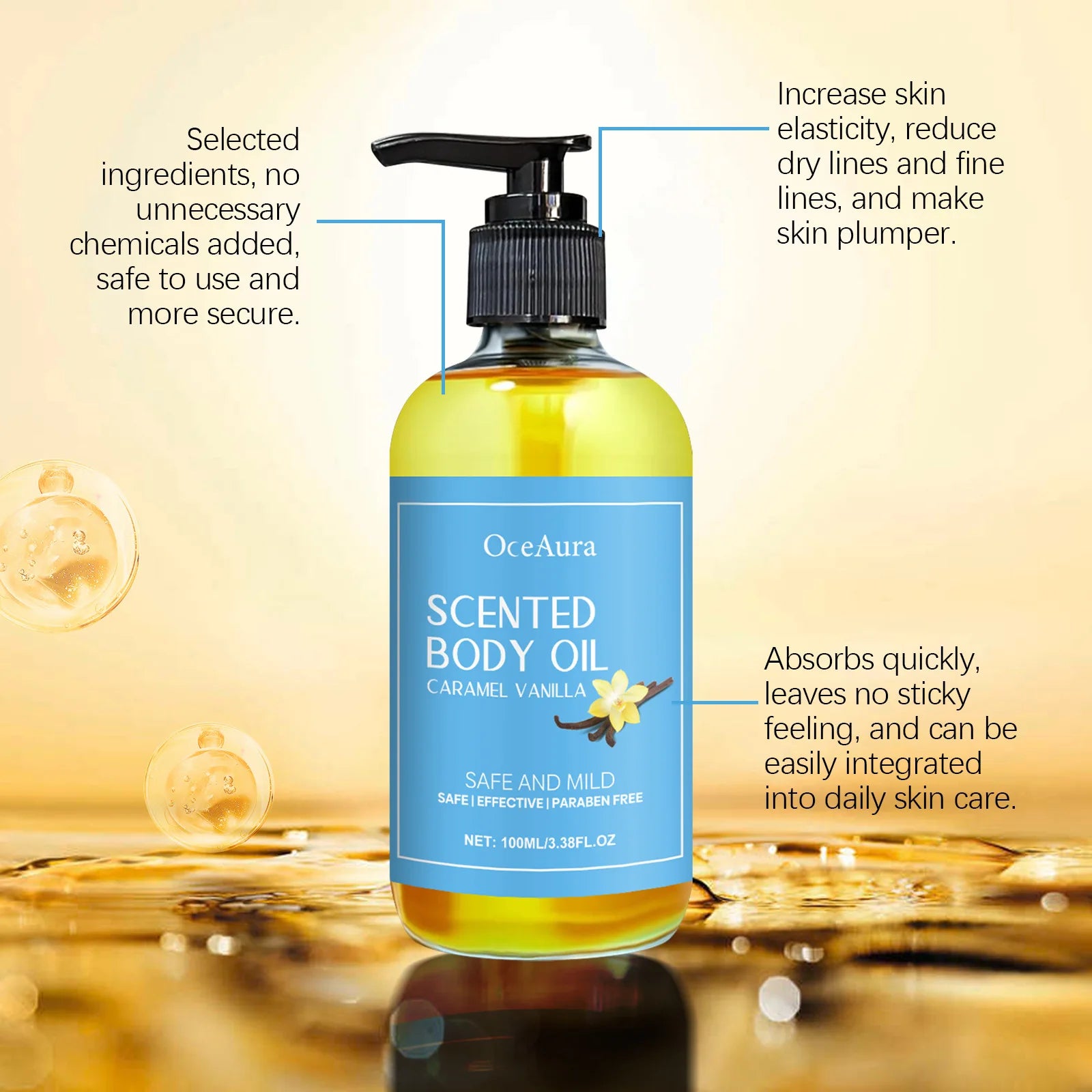 Caramel Body Oil Vanilla Scented Fragrance Moisturizing Deep Nourishing Glowing Repair Stress Relief Smoothing Skin Massage Oil