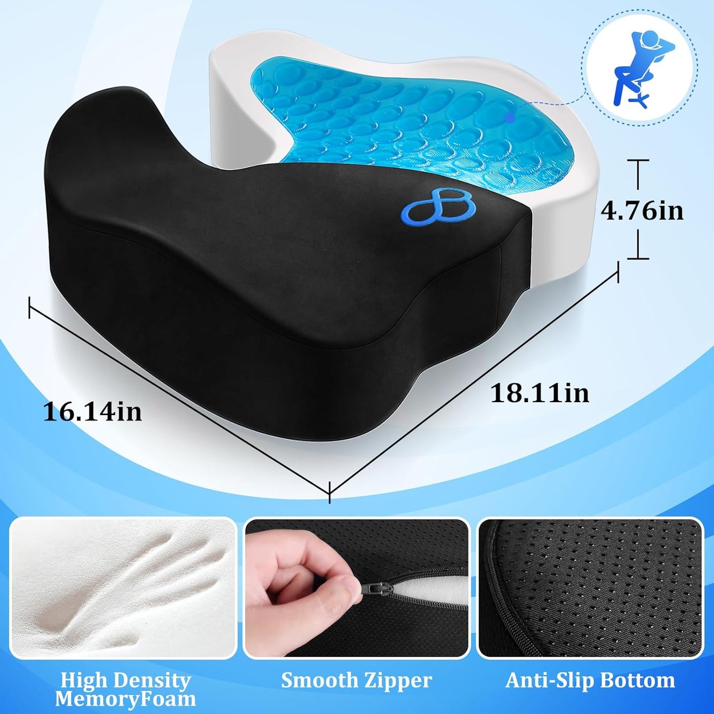 Seat Cushion, Gel Chair Cushions, Office Chair Cushions, Anti-Slip Bottom & Remo