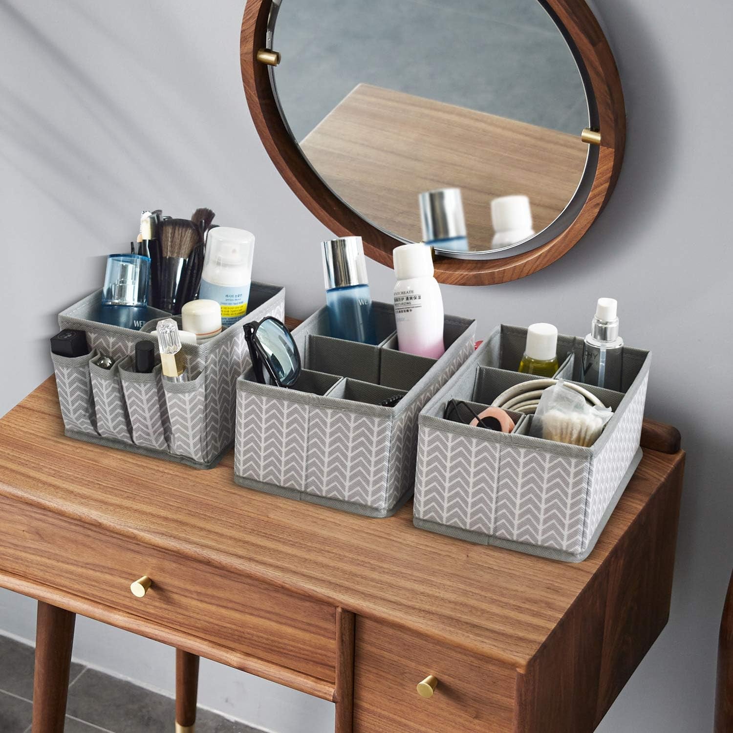 Cosmetic Storage Bins Makeup Organizer, Adjustable Multifunction Storage Box Desk Drawer Divider for Makeup Brushes, Bathroom Countertop or Dresser, Set of 3 (Grey)