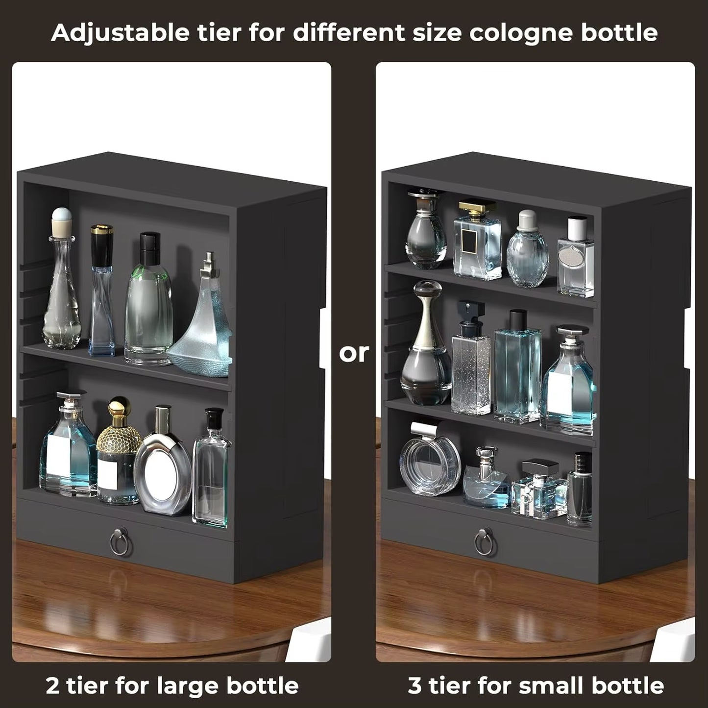 Wooden Perfume Organizer for Men, 4-Tier Standing Display with Double Drawers, Large Storage, Classic Black