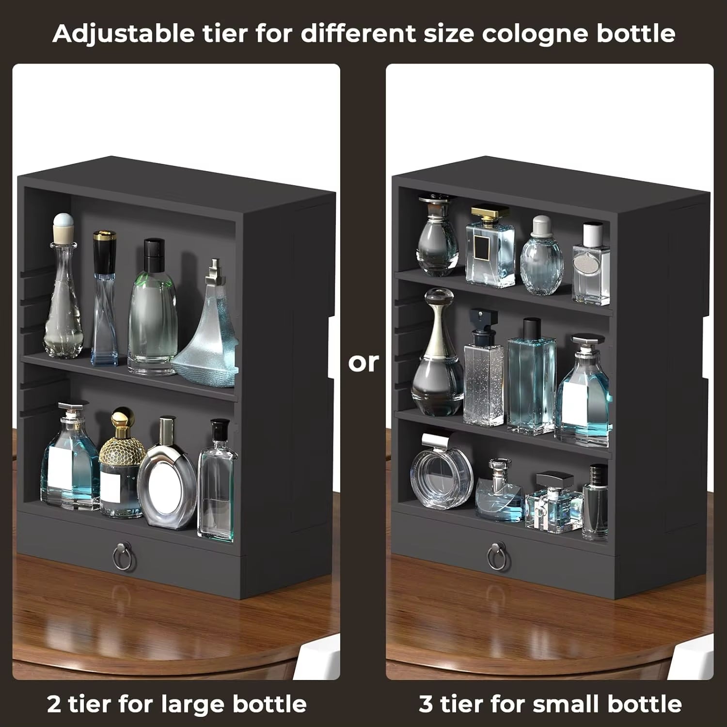 Wooden Perfume Organizer for Men, 4-Tier Standing Display with Double Drawers, Large Storage, Classic Black