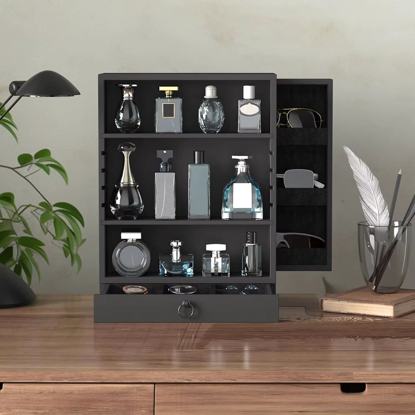 Wooden Perfume Organizer for Men, 4-Tier Standing Display with Double Drawers, Large Storage, Classic Black