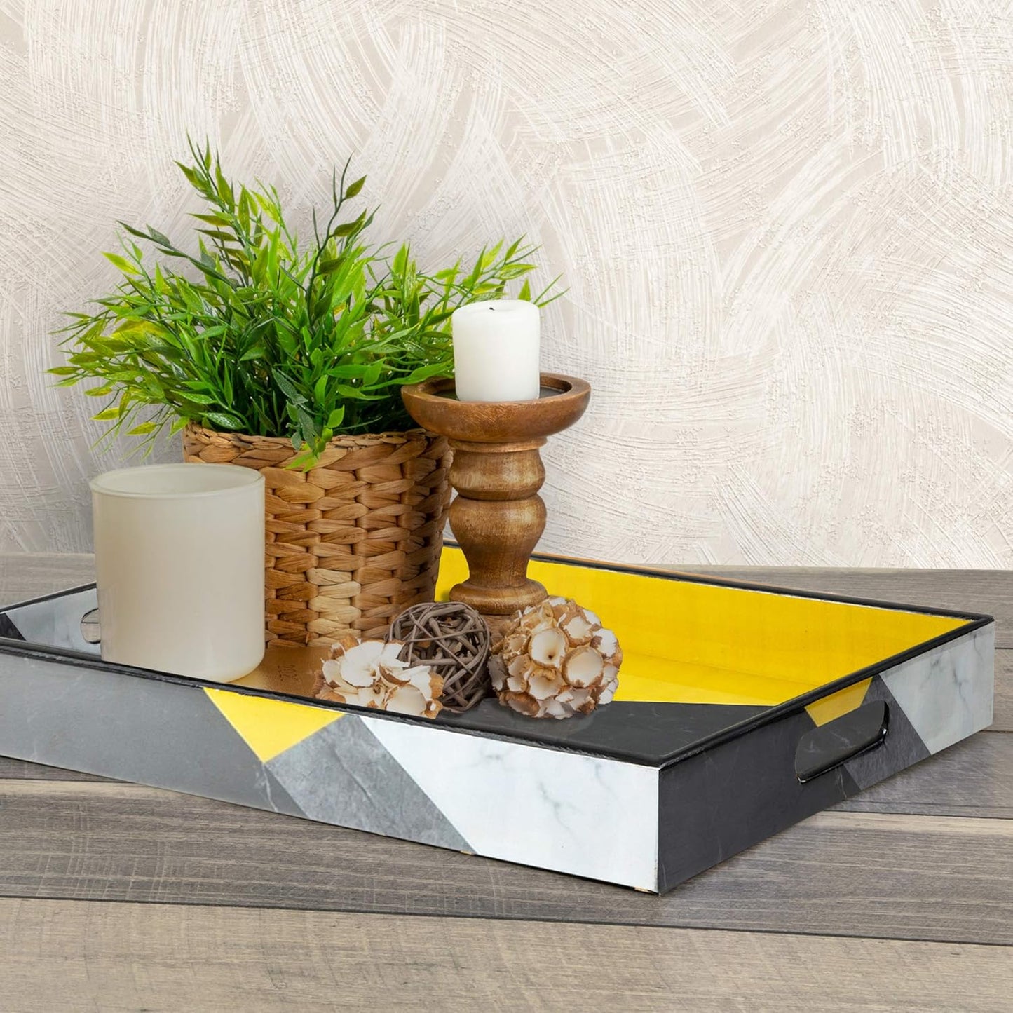 Large Decorative Serving Tray for Coffee Table, Yellow Serving Tray, Ottoman Tray Home Decor, Wooden Trays with Handles, Coffee Table Tray, Wood Tray for Coffee Table. Ideal for Home & Entertaining.