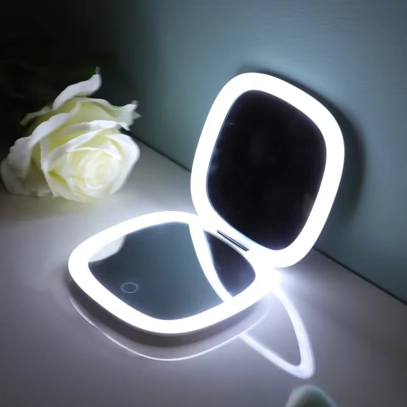 USB Rechargeable Folding Portable LED Makeup Mirror Touch Screen Dimming Handheld with 10X Magnifying Travel Cosmetic Mirrors