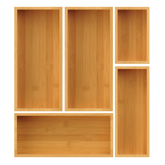 Bamboo Drawer Organizer Set 5-Piece Storage Trays for Kitchen Bathroom Office