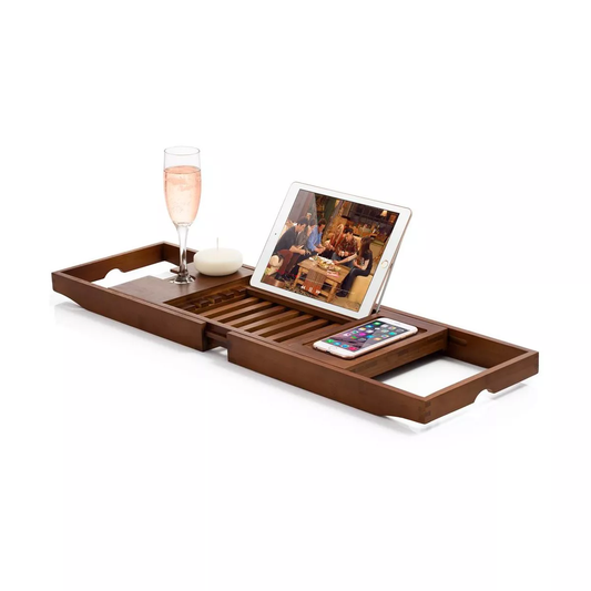 Bamboo tub Tray Caddy - Foldable Expandable  Caddy for Tub with Book, Tablet and Wine Glass Holder, Unique Gift Idea