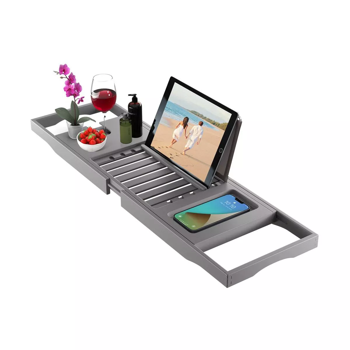 Bamboo tub Tray Caddy - Foldable Expandable  Caddy for Tub with Book, Tablet and Wine Glass Holder, Unique Gift Idea