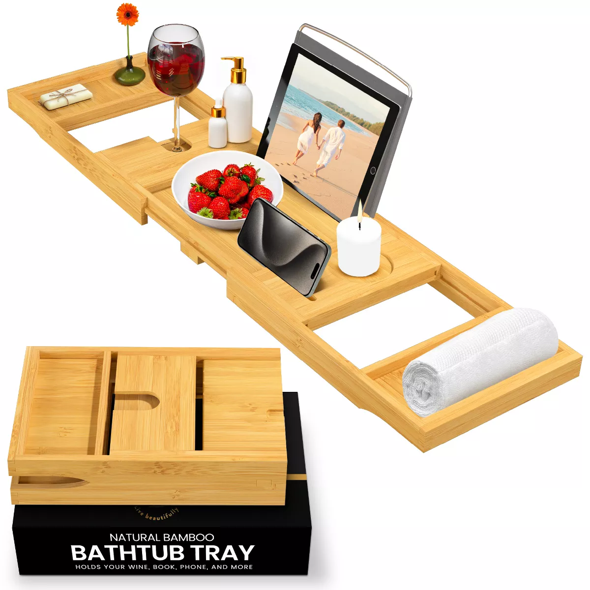 Bamboo tub Tray Caddy - Foldable Expandable  Caddy for Tub with Book, Tablet and Wine Glass Holder, Unique Gift Idea