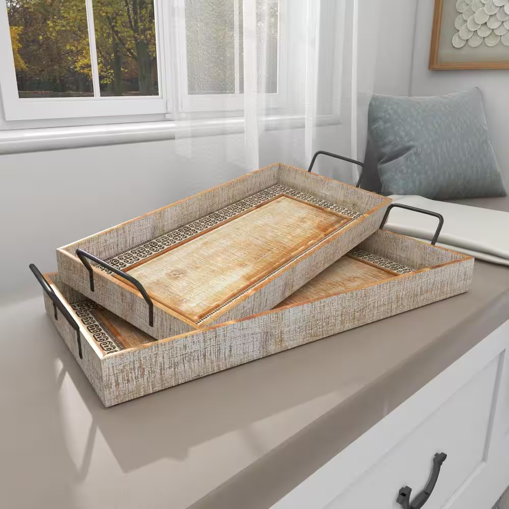 Brown Wood Decorative Tray with White Wash (Set of 2)
