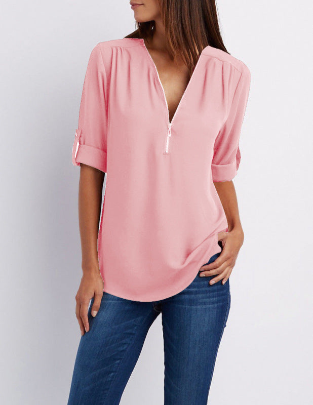 Lysandra V-Neck Zipper Large Size Women's Long-Sleeved Pull-Sleeve Loose Commuter Chiffon Shirt