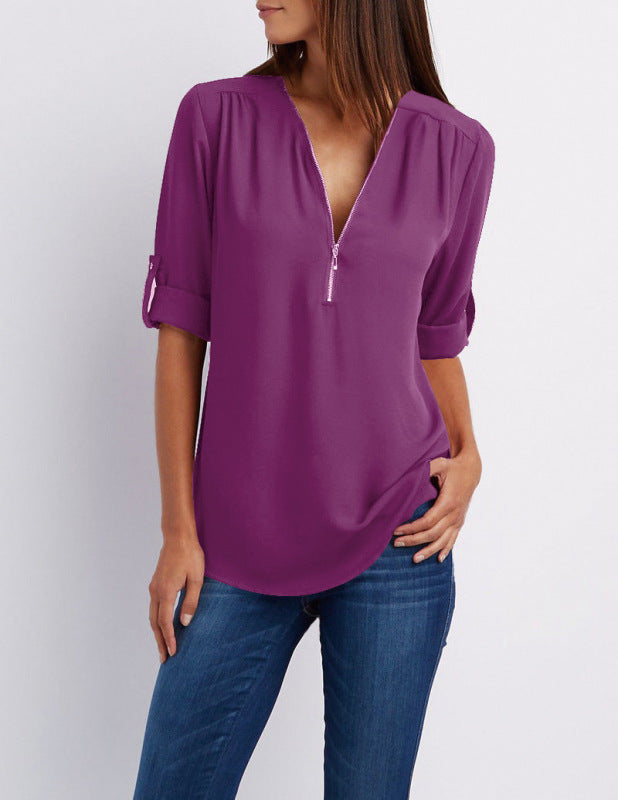 Lysandra V-Neck Zipper Large Size Women's Long-Sleeved Pull-Sleeve Loose Commuter Chiffon Shirt