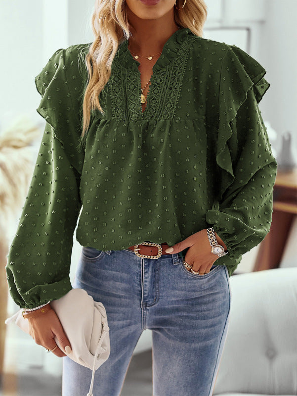 Eviana Ruffled Lantern Sleeve Lace Panel Shirt Top
