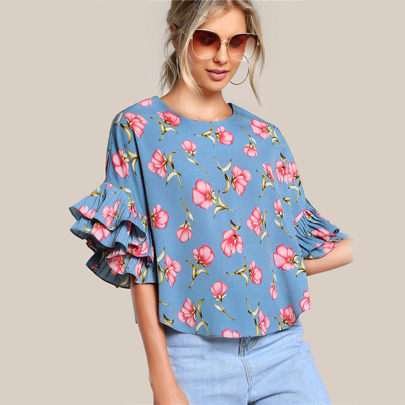 Dalilah Round Neck Lotus Leaf Double Layer Flared Sleeve Short Fashion Top
